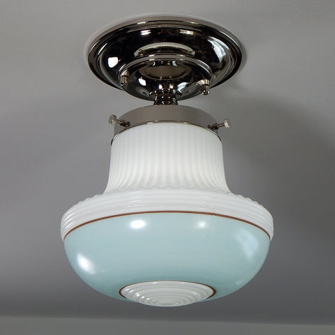 New handblown opal glass and polished nickel semi-flush ceiling light features painted robin egg and mocha-tinted handpainted bands on a glass opal shade. The fixture has been cleaned, detailed and includes hardware for a convenient installation. Available at www.vintporium.com