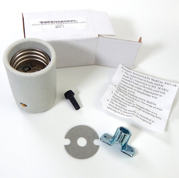 Mogul 3-way 3 way light lighting E39 Vintage Antique Vintporium Rejuvenation Restoration Hardware Socket Lamp Repair Home Torchiere Mogul base 3-way porcelain socket complete with 1/4 ip hickey. Available at www.vintporium.com