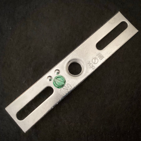 Close-up of a 1/8 IPS female crossbar mounting bracket with green ground screw, UL listed for light fixture installation – Vintporium.