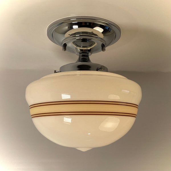 Mocha banded milk glass schoolhouse semi-flush ceiling light with chrome canopy
