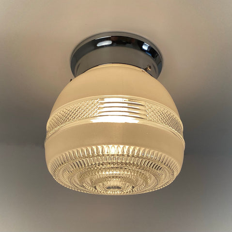 1940s–1960s post-war utility flush-mount ceiling light with frosted pressed-glass shade and chrome canopy by Vintporium