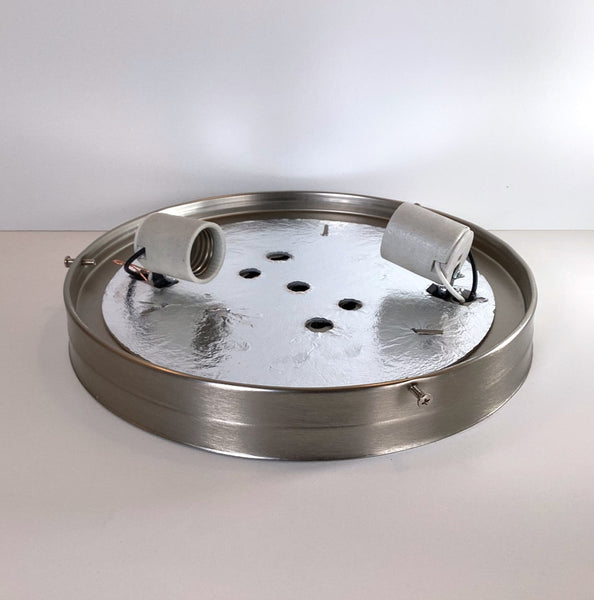 10 Inch Flush Mount Pan Fixture Fitter / Shade Holder / Base The 10-inch pan comes in your choice of polished chrome, satin nickel, or bronze and includes mounting hardware for easy installation. Available at www.vintporium.com