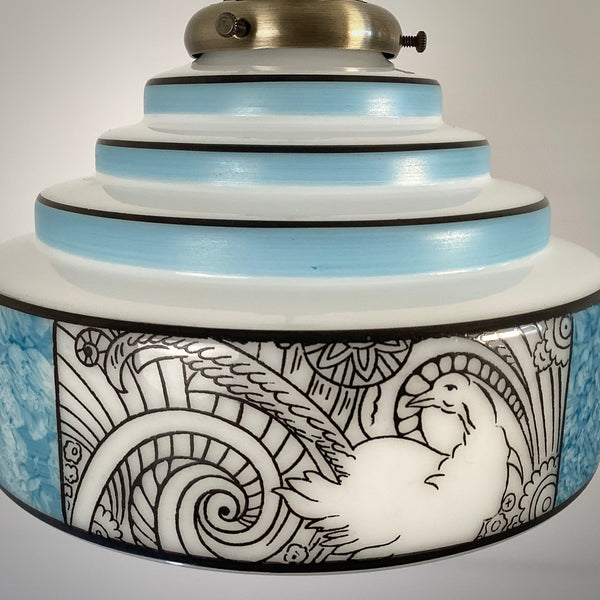 Art Deco blue and white glass pendant light shade with marbled panels and geometric pattern