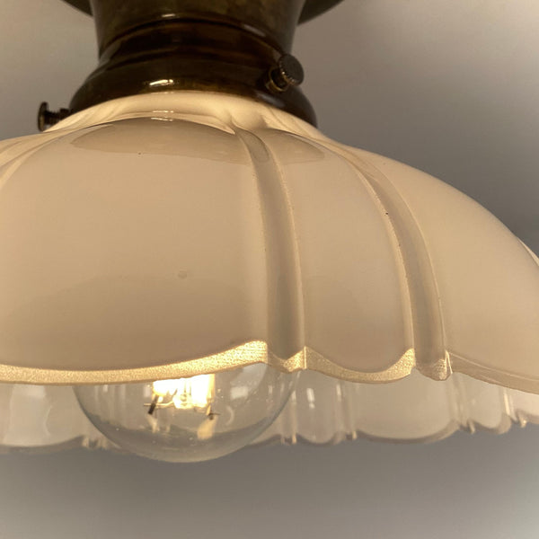Vintage milk glass lamp shade fitter neck opening detail showing mounting rim