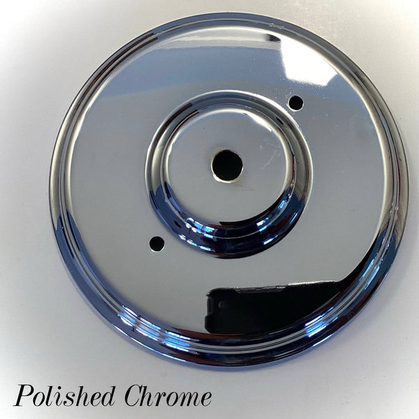 Polished chrome round ceiling canopy with a mirror-like reflective finish, center wire opening, and mounting screw holes for vintage and modern lighting restoration at Vintporium.