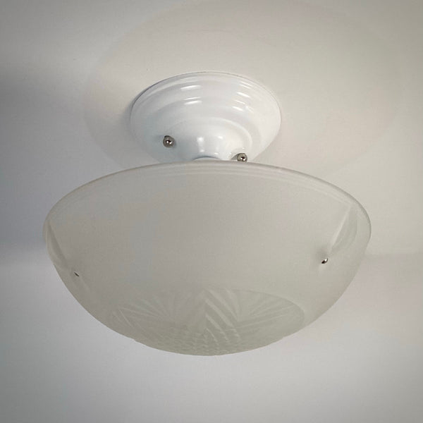 Unlit view of a restored 1930s powder-coated ceiling light featuring a frosted glass Art Deco shade and white powder-coated steel canopy from Vintporium.
