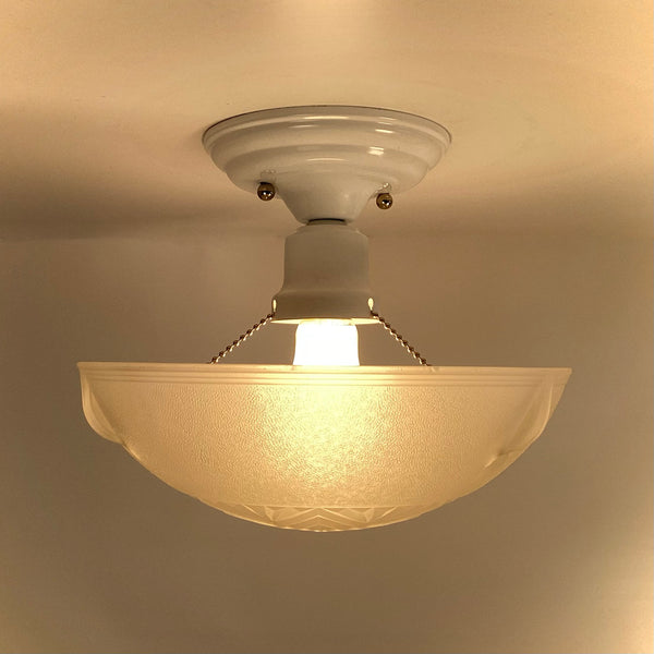 Art Deco powder-coated semi-flush ceiling fixture with a three-chain fitter and illuminated frosted glass bowl shade from Vintporium.
