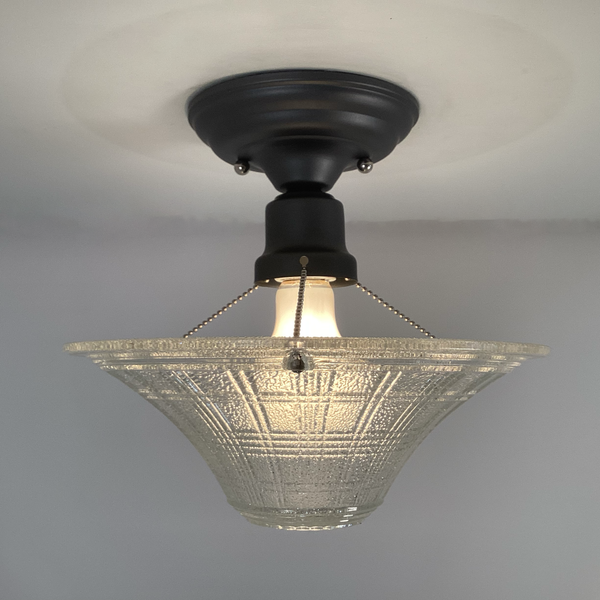 lit vintage pressed glass ceiling light with three-chain mount and new charcoal hardware