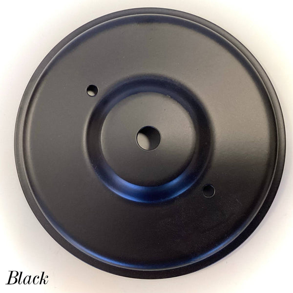 Black round ceiling canopy with center wire hole and mounting screw holes, used for vintage and modern light fixture restoration at Vintporium.