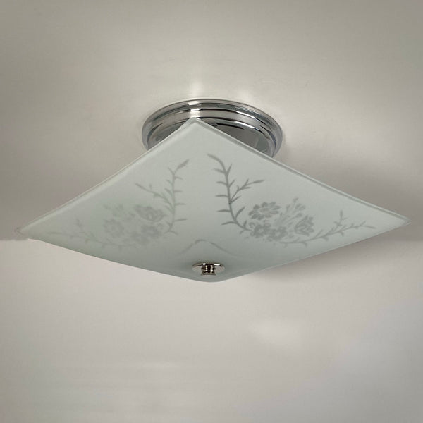 Mid-century square flush mount ceiling light unlit, showing frosted glass and floral etching