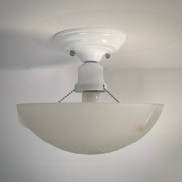 Vintage-style 1930s ceiling light with gloss white powder-coated fixture, porcelain socket, and frosted geometric glass shade from Vintporium