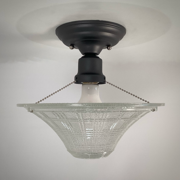 vintage three-chain ceiling light style with authentic pressed glass shade and new charcoal fixture