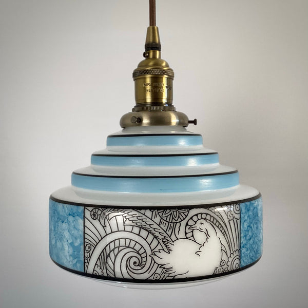 Machine-Age era glass pendant light in blue and white with concentric ring design