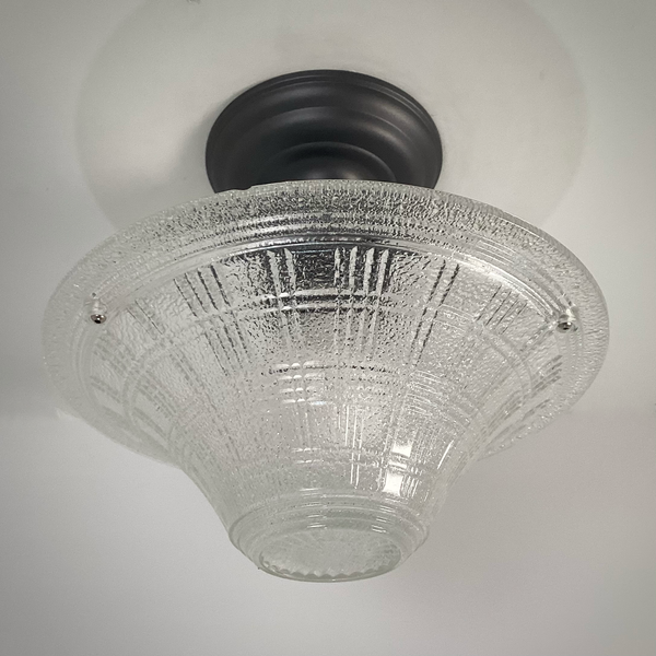 vintage pressed glass ceiling light showing full fixture with authentic shade and new charcoal mount