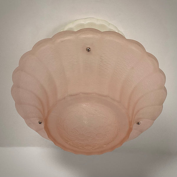 Bottom floral pattern of vintage peach Art Deco glass shade from the 1930