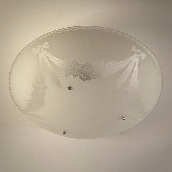 Postwar 1950s semi-flush ceiling light glass bowl with white enameled floral decoration