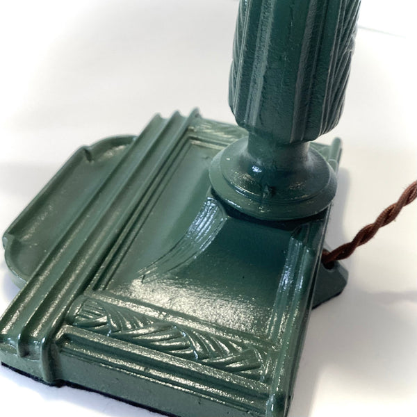 Antique Cast Iron Art Deco Bankers Lamp. This unique antique 1920s desk lamp, with its distinctive green enameled paint and brass highlights, is an outstanding piece. The fixture has been rewired, cleaned, and detailed for your convenience. Available at www.vintporium.com