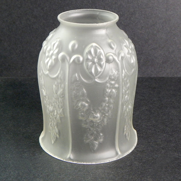 2 1/4 (2.25) Inch Vintage Etched Bell Shaped Glass Light Fixture Shade.  The vintage etched floral embossed glass bell-shaped shade has been cleaned and detailed for your convenience. Available at www.vintporium.com