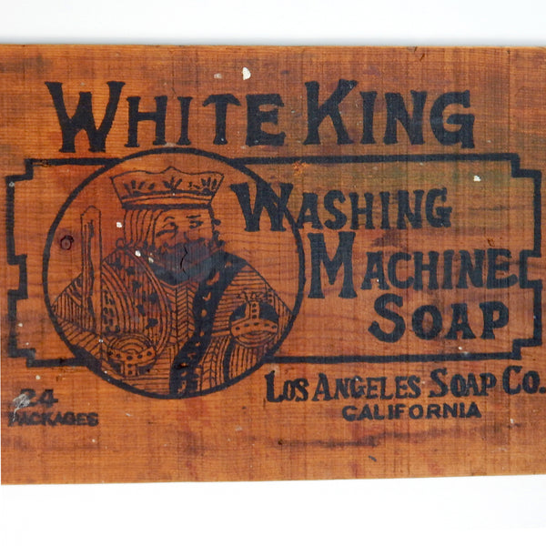 Vintage White King Laundry Soap Wooden Crate Face, The Los Angeles Soap Co., with its iconic White King label, had operated for 127 years, becoming a household staple in California. Available at www.vintporium.com
