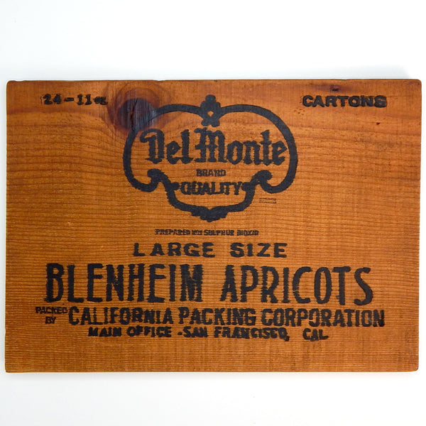 Antique Del Monte crate end,  one side labeled  Blenheim Apricots and the other side prunes. Available at www.vintporium.com