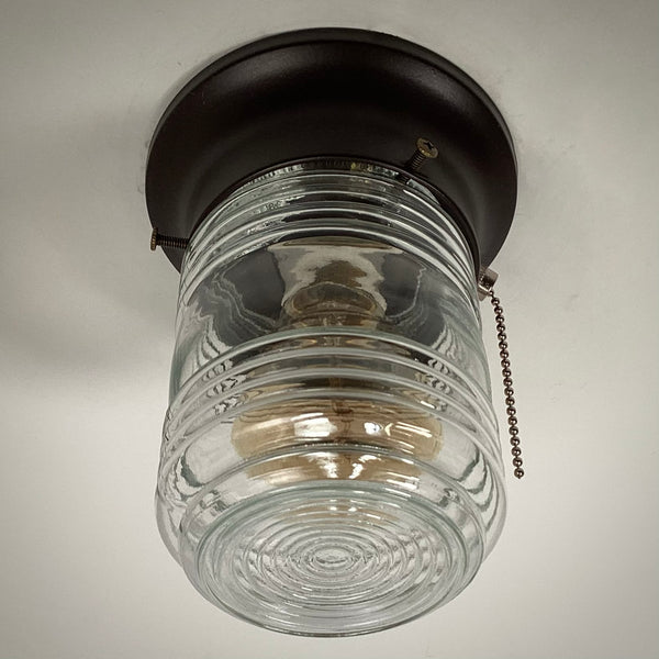 Flush Mount Light Salvaged Fresnel Jelly Jar Shade New Pull Chain Fixture. The flush mount ceiling light fixture features a salvaged fresnel jelly jar-style glass shade and a new, UL-listed, pull chain-equipped fixture base. The fixture has been cleaned and detailed. Available at www.vintporium.com