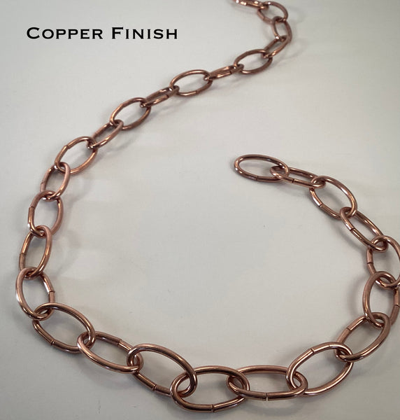 8 Gauge Oval Lamp Chain is available in your choice of finishes, Black Painted, Oil-Rubbed Bronze, Antique Bronze, Pewter, Ready-to-Paint, Chrome, Satin Nickel, Polished Nickel, Distressed White, Satin Brass, Polished Brass, Copper, and Antique Brass. Available at www.vintporium.com