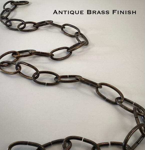 8 Gauge Oval Lamp Chain is available in your choice of finishes, Black Painted, Oil-Rubbed Bronze, Antique Bronze, Pewter, Ready-to-Paint, Chrome, Satin Nickel, Polished Nickel, Distressed White, Satin Brass, Polished Brass, Copper, and Antique Brass. Available at www.vintporium.com