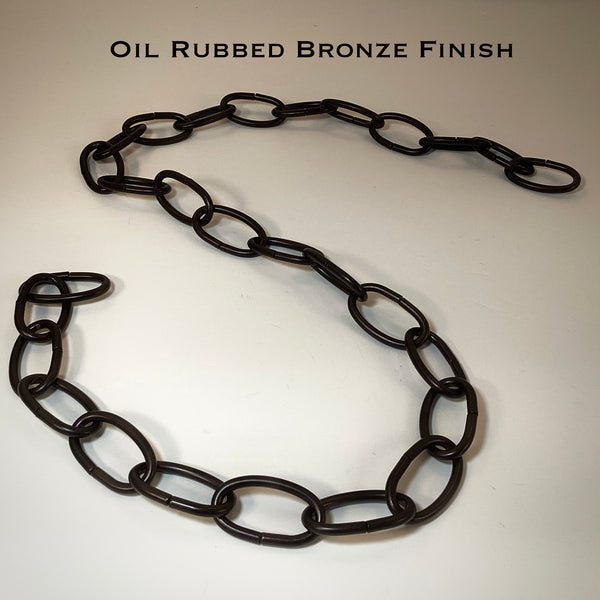 8 Gauge Oval Lamp Chain is available in your choice of finishes, Black Painted, Oil-Rubbed Bronze, Antique Bronze, Pewter, Ready-to-Paint, Chrome, Satin Nickel, Polished Nickel, Distressed White, Satin Brass, Polished Brass, Copper, and Antique Brass. Available at www.vintporium.com