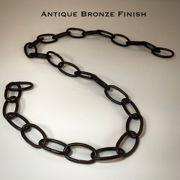 8 Gauge Oval Lamp Chain is available in your choice of finishes, Black Painted, Oil-Rubbed Bronze, Antique Bronze, Pewter, Ready-to-Paint, Chrome, Satin Nickel, Polished Nickel, Distressed White, Satin Brass, Polished Brass, Copper, and Antique Brass. Available at www.vintporium.com