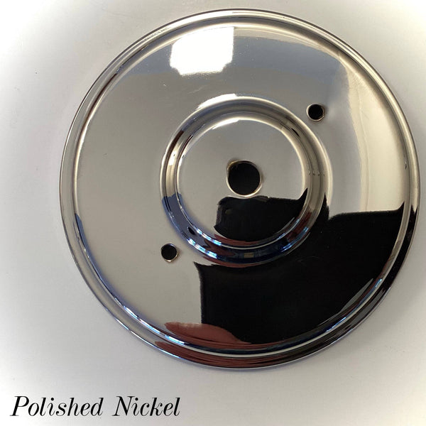 Polished Nickel round ceiling canopy with center wire hole and mounting screw holes, used for vintage and modern light fixture restoration at Vintporium.