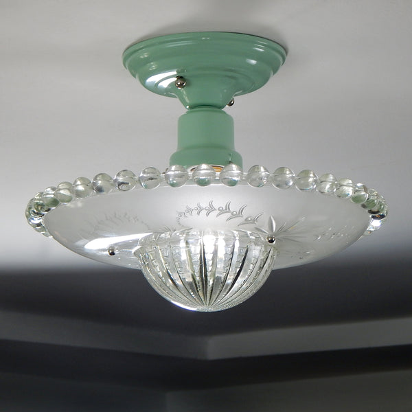Semi-Flush Beaded Chain Ceiling Light, Vintage Glass, New Fixture. The fixture features a custom-made powder-coated base. The shade has an etched cut glass pattern. The light fixture has been cleaned and detailed. It includes mounting hardware for convenient installation. Available at www.vintporium.com