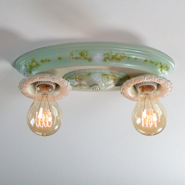 Antique Flush Mount Ceiling Pan Light Fixture. The restored antique Edwardian flush mount ceiling light features new porcelain sockets, wire, wire sheathing, etc. The fixture has been cleaned and detailed and is ready for installation in your home. Available at www.vintporium.com