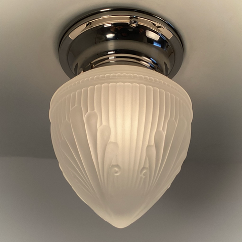 Art Deco Frosted Glass Ceiling Light with Nickel Base. Vintage-style acorn-shaped glass shade with feather-like patterns. Available at www.vintporium.com
