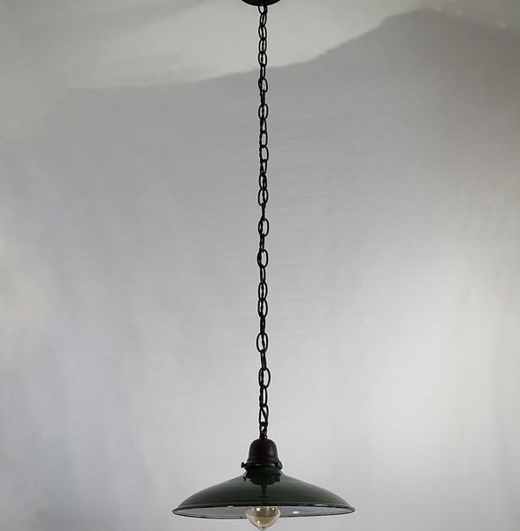 Pendant Light Vintage Enameled Shade New Custom Made Oil Rubbed Bronze Fixture. The light fixture has been cleaned and detailed. It includes mounting hardware for convenient installation. Available at www.vintporium.com.