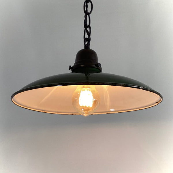 Pendant Light Vintage Enameled Shade New Custom Made Oil Rubbed Bronze Fixture. The light fixture has been cleaned and detailed. It includes mounting hardware for convenient installation. Available at www.vintporium.com.