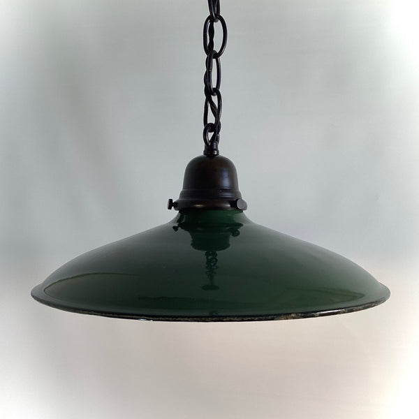 Pendant Light Vintage Enameled Shade New Custom Made Oil Rubbed Bronze Fixture. The light fixture has been cleaned and detailed. It includes mounting hardware for convenient installation. Available at www.vintporium.com.