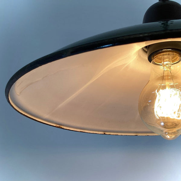 Pendant Light Vintage Enameled Shade New Custom Made Oil Rubbed Bronze Fixture. The light fixture has been cleaned and detailed. It includes mounting hardware for convenient installation. Available at www.vintporium.com.