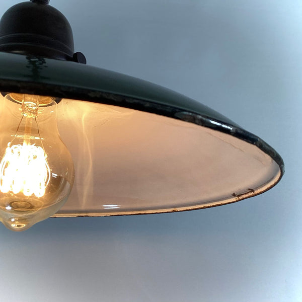 Pendant Light Vintage Enameled Shade New Custom Made Oil Rubbed Bronze Fixture. The light fixture has been cleaned and detailed. It includes mounting hardware for convenient installation. Available at www.vintporium.com.