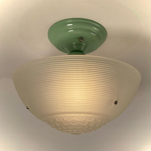 Vintage semi-flush ceiling light with jadeite-green canopy