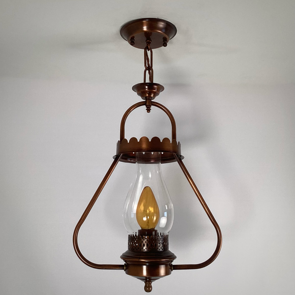 Vintage Mid-Century Copper Lantern Pendant Light Colonial Revival. Mid-century copper-finished pendant light, inspired by 19th-century kerosene lanterns. Available at www.vintporium.com