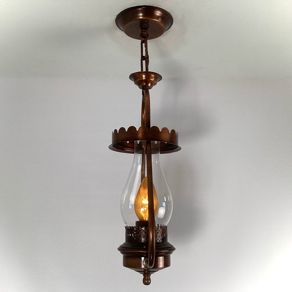 Vintage Mid-Century Copper Lantern Pendant Light Colonial Revival. Mid-century copper-finished pendant light, inspired by 19th-century kerosene lanterns. Available at www.vintporium.com