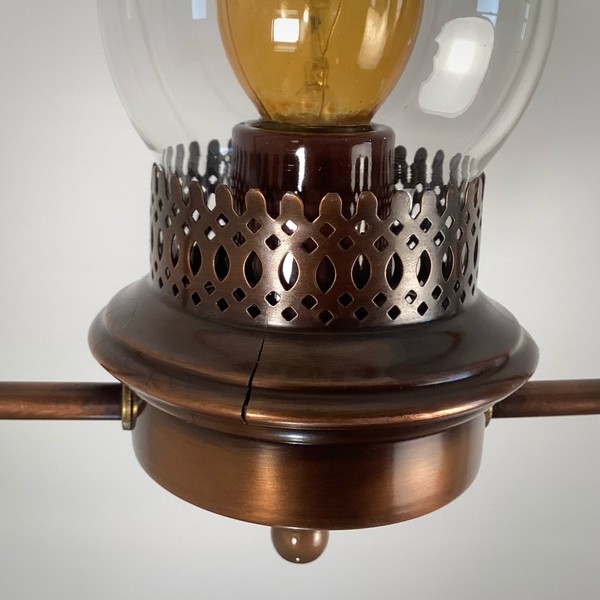 Vintage Mid-Century Copper Lantern Pendant Light Colonial Revival. Mid-century copper-finished pendant light, inspired by 19th-century kerosene lanterns. Available at www.vintporium.com
