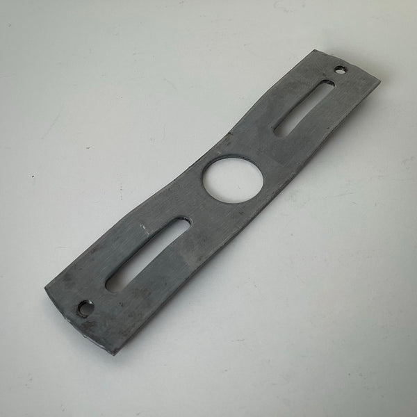 Wide steel crossbar mounting bracket for ceiling or wall light fixtures, shown on a white surface with elongated mounting slots and center opening.