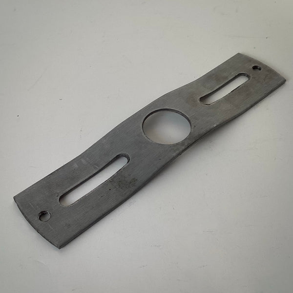 Angle view of a steel lighting crossbar mounting strap with slotted mounting holes and a central opening for fixture installation or restoration.