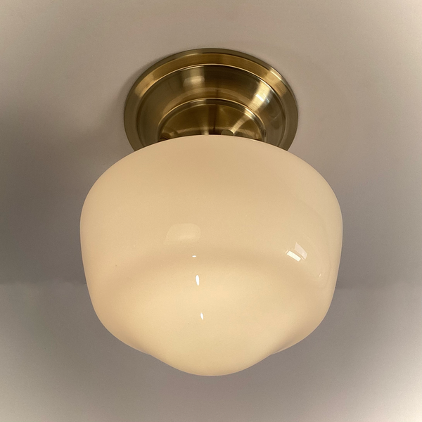 Vintage schoolhouse semi-flush ceiling light with opal glass shade and satin brass fixture – Vintporium.