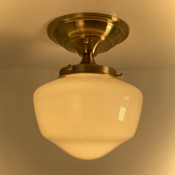 Vintage schoolhouse semi-flush ceiling light with opal glass shade and satin brass fixture – Vintporium.