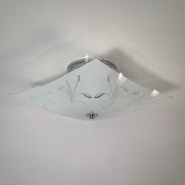 Post-War Era Ceiling Light. Vintage Shade. Custom Fixture. The fixture features a custom-built assembly in a nickel finish. The light has been cleaned and detailed, and the installation includes hardware for convenience. Available at www.vintporium.com