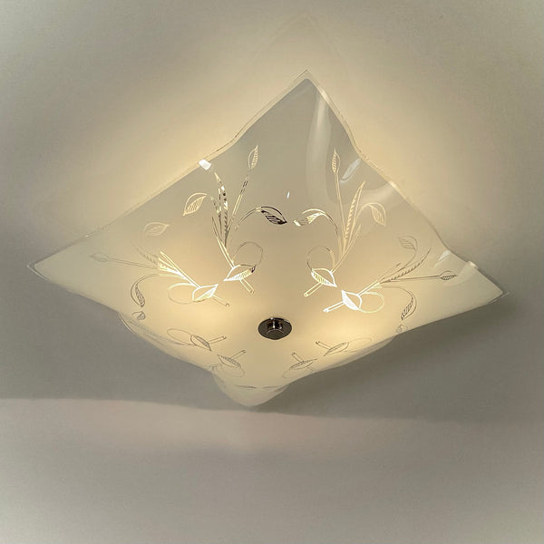 Post-War Era Ceiling Light. Vintage Shade. Custom Fixture. The fixture features a custom-built assembly in a nickel finish. The light has been cleaned and detailed, and the installation includes hardware for convenience. Available at www.vintporium.com