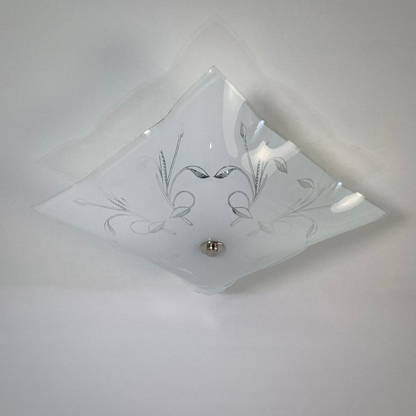 Post-War Era Ceiling Light. Vintage Shade. Custom Fixture. The fixture features a custom-built assembly in a nickel finish. The light has been cleaned and detailed, and the installation includes hardware for convenience. Available at www.vintporium.com