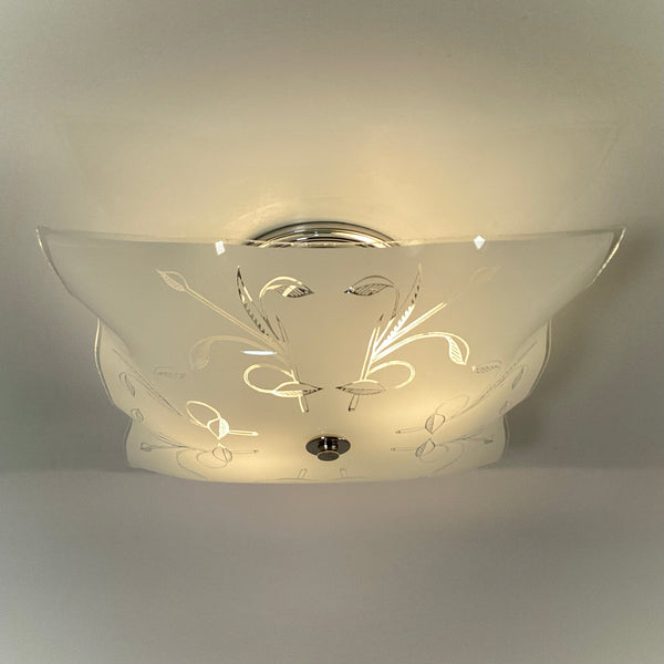 Post-War Era Ceiling Light. Vintage Shade. Custom Fixture. The fixture features a custom-built assembly in a nickel finish. The light has been cleaned and detailed, and the installation includes hardware for convenience. Available at www.vintporium.com